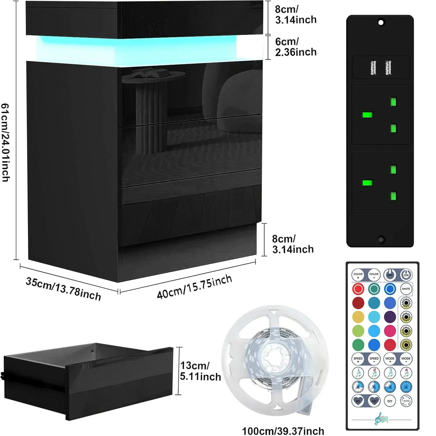 Farmhouse Wooden Nightstand with 3 Drawers, LED Light Strip and Charging Station | 2AC 2USB UK Plug Bedside Table