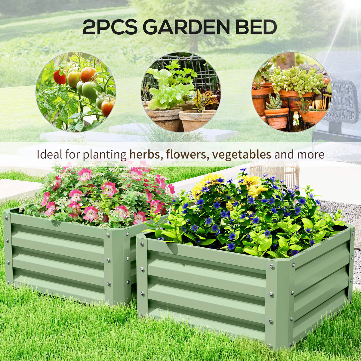 Set of 2 Raised Garden Planters, Galvanised Steel Frame for Growing Vegetables, Flowers and Herbs