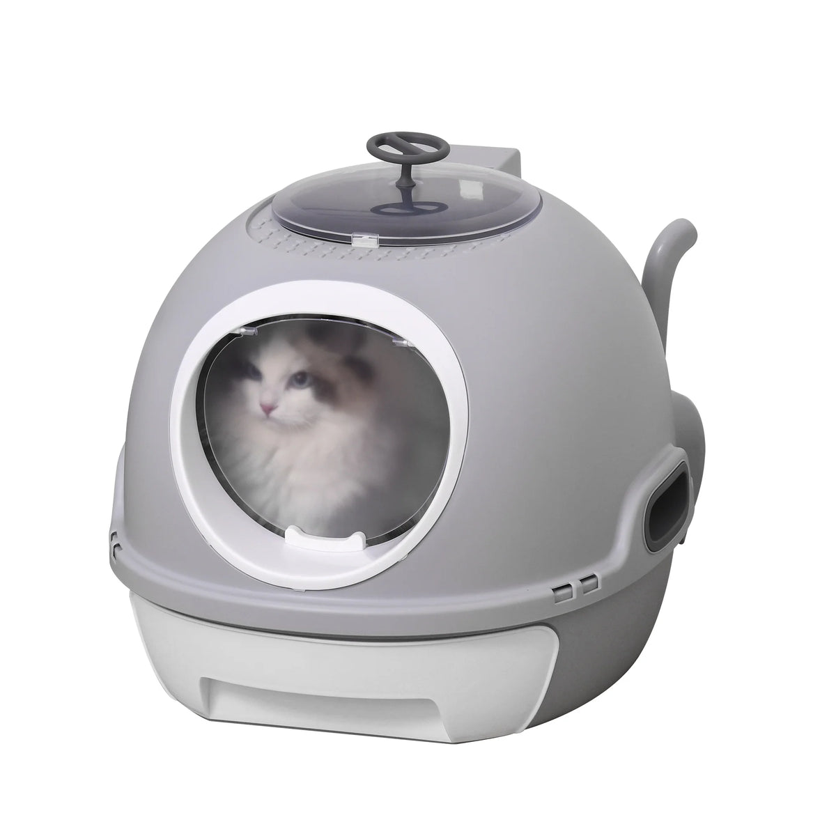 Capsule-Shaped Cat Litter Box with Front & Top Doors, Tile Blue