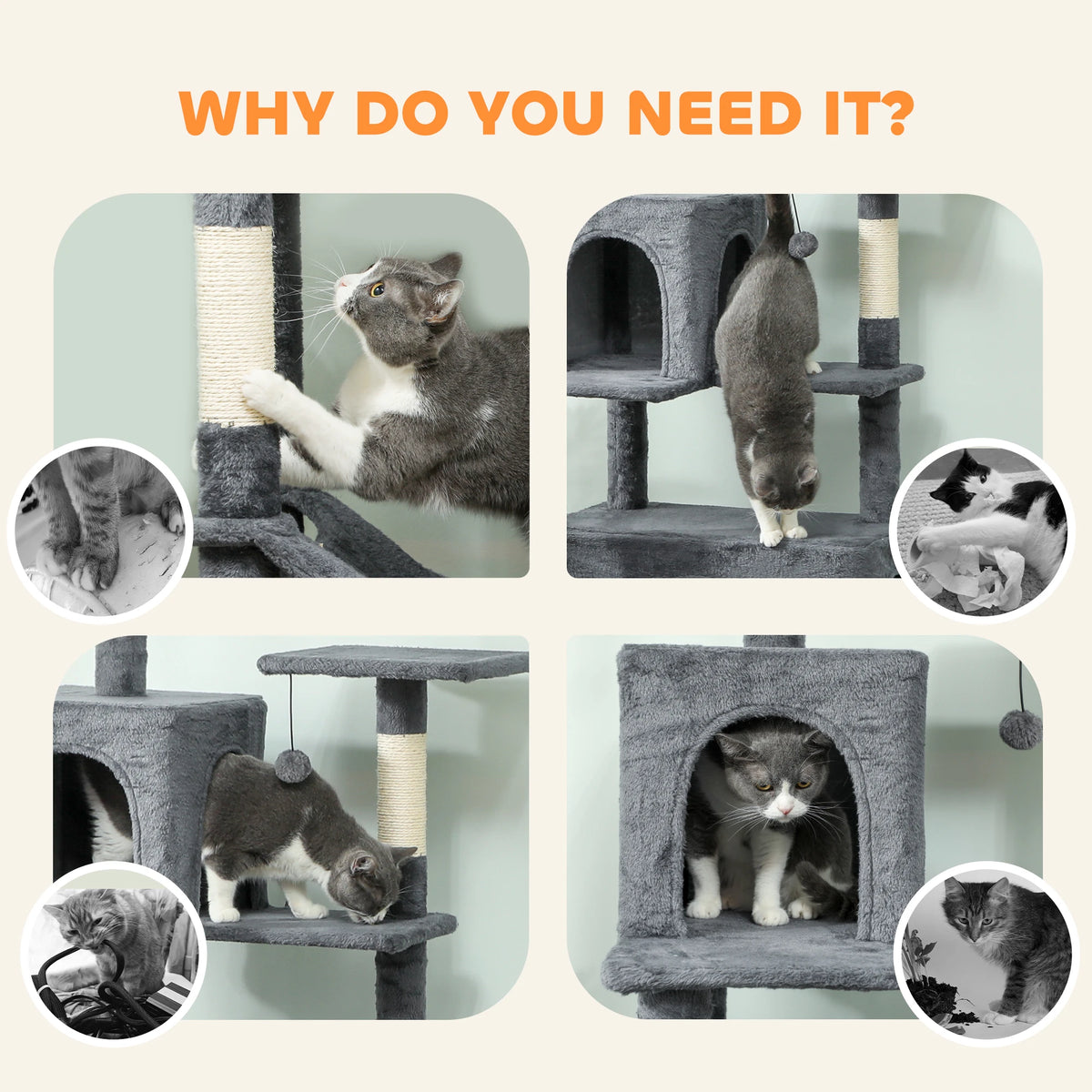 Cat Tree 202cm Tower with 2 Condos 2 Hammocks 2 Perches Sisal Scratching Posts and Anti Tip Kit