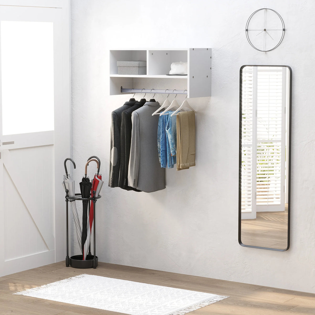 Wall Mounted Coat Rack with Clothes Rail and 2 Shelves Melamine Particle Board Water Resistant E1 White