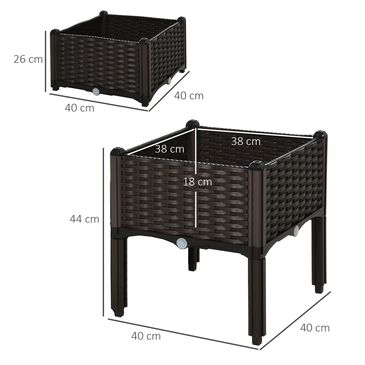 Set of 2 Raised Planters 40x40x44cm Rattan Effect Plastic Plant Stands with Self Watering Discs Brown