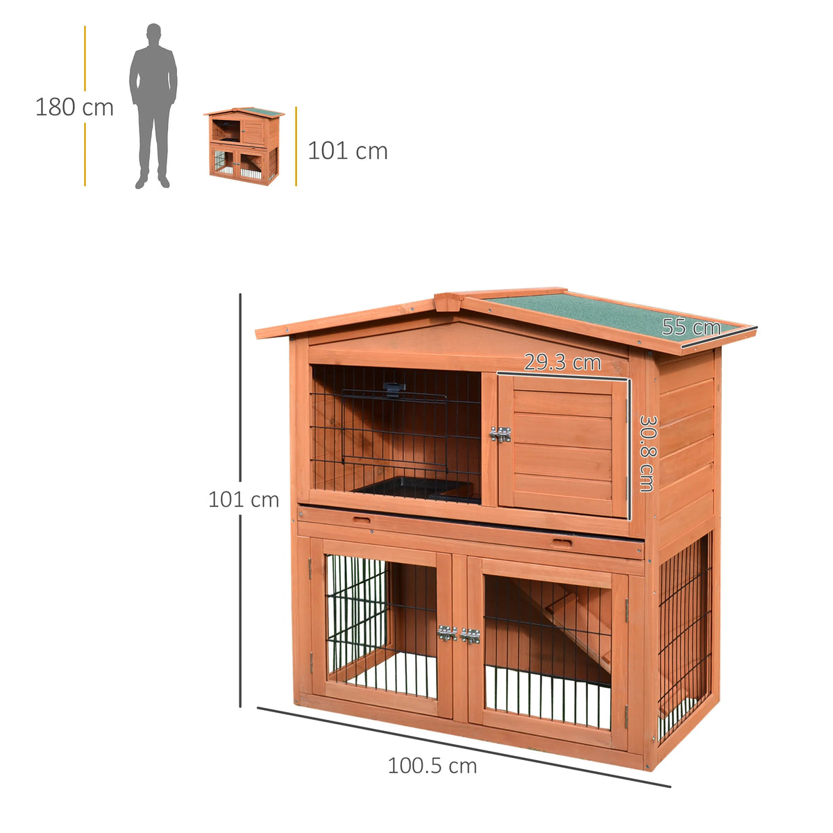 2 Tier Wooden Rabbit Hutch 100.5x55x101cm with Removable Divider 3 Doors Ramp and Slide Out Tray