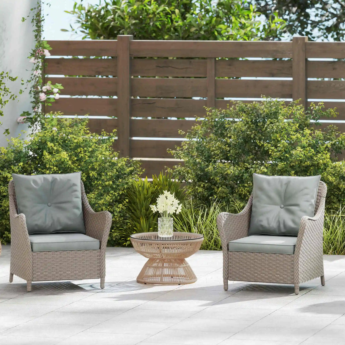 Set of 2 Rattan Garden Chairs with Washable Cushion Covers Curved Armrests High Back Powder Coated Steel Light Grey