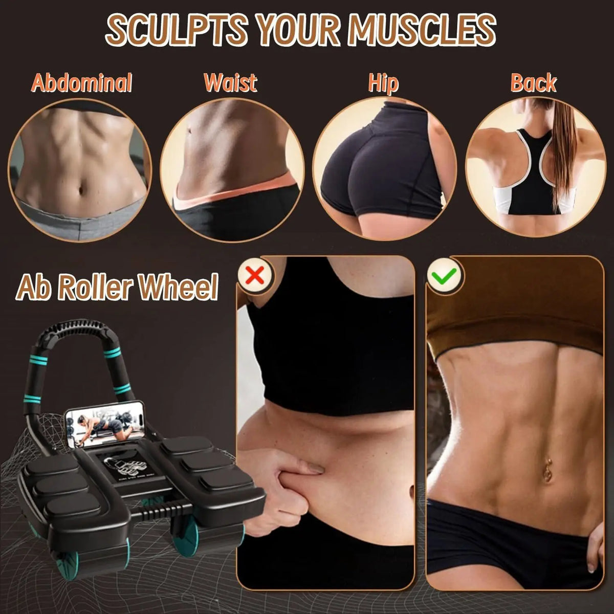 Automatic Rebound Ab Roller 4 Wheel Design with Elbow Support Multi Layer Quiet Floor Friendly Core Trainer