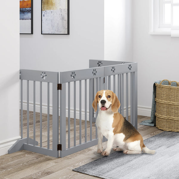 Freestanding Pet Gate, 4 Panel Folding Wooden Dog Barrier with Support Feet
