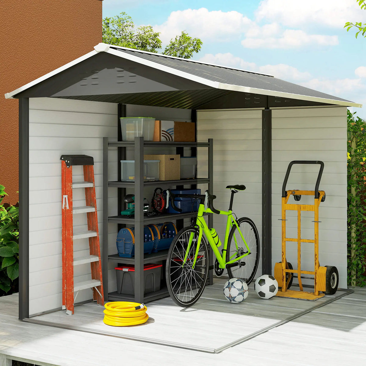 9x6FT Metal Garden Shed Outdoor Storage Shed w/ Sloped Roof Lockable Door Grey