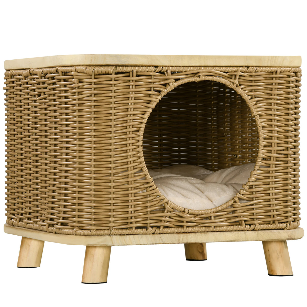 Elevated Wicker Cat House 40x40x34cm PE Rattan Cat Cave with Washable Cushion 19cm Door Light Brown