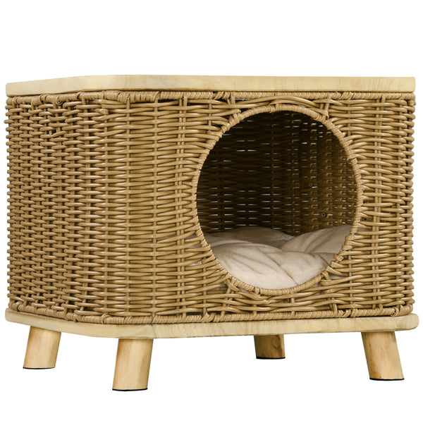 Elevated Wicker Cat House 40x40x34cm PE Rattan Cat Cave with Washable Cushion 19cm Door Light Brown