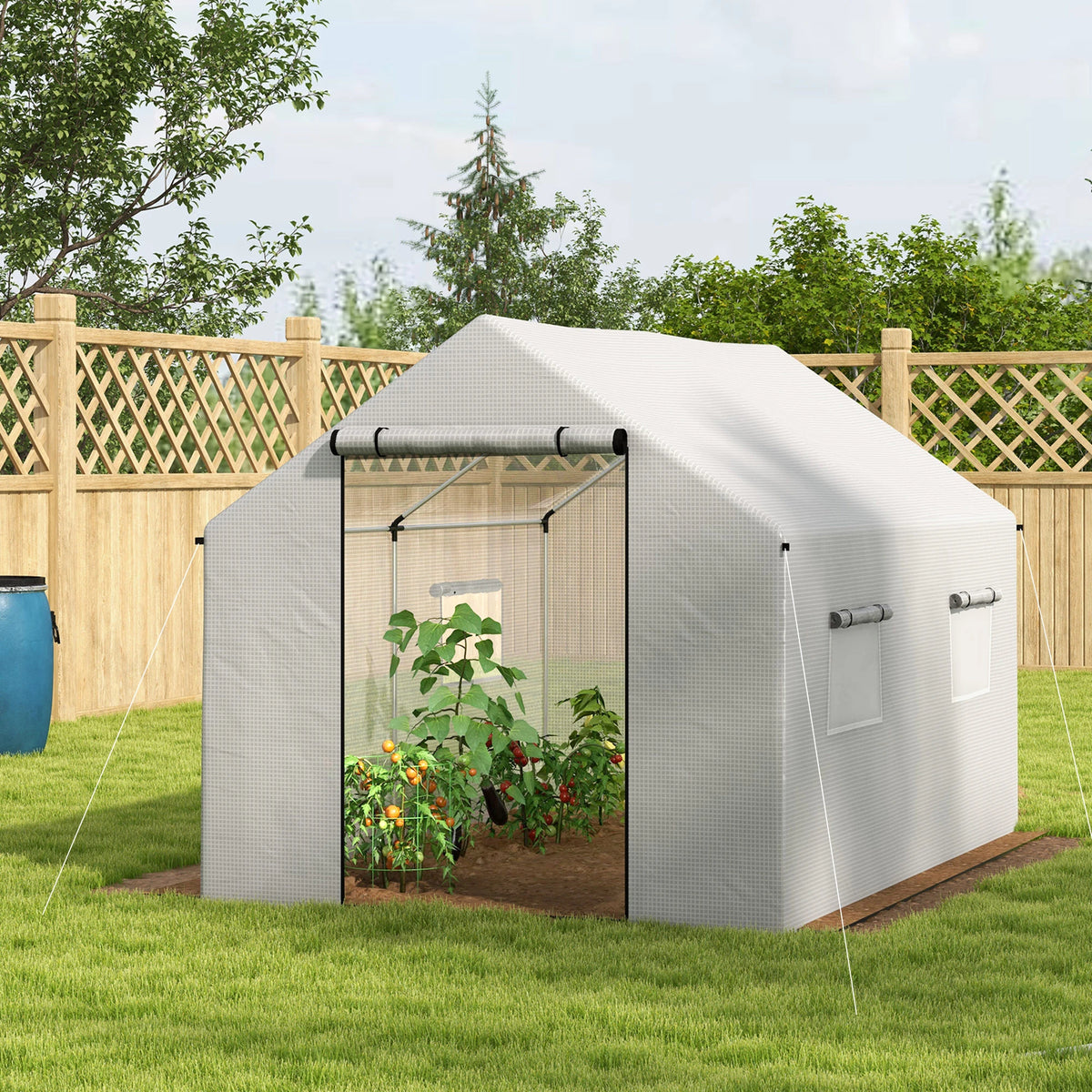 2 x 3m Polytunnel Greenhouse with Wide Door and 4 Mesh Windows, White