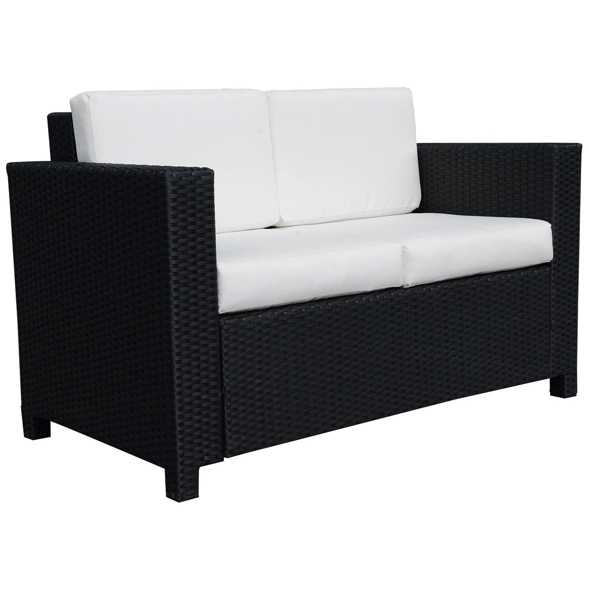 2 Seater Rattan Garden Sofa with Padded Cushions, PE Wicker Loveseat with Armrests, 130 x 70 x 80 cm