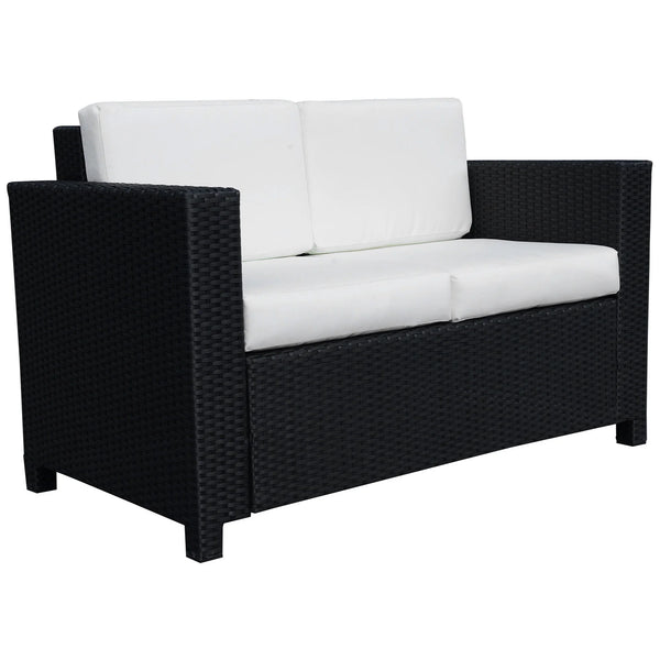 2 Seater Rattan Garden Sofa with Padded Cushions, PE Wicker Loveseat with Armrests, 130 x 70 x 80 cm