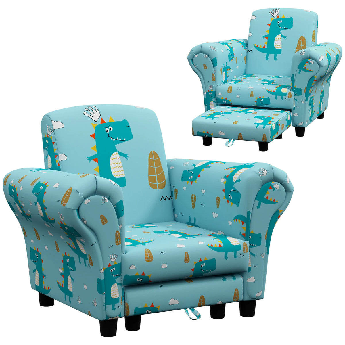 2 Piece Kids Sofa Set Armchair with Tuck Away Stool Dinosaur Print Wooden Frame for Ages 1.5-3 Years