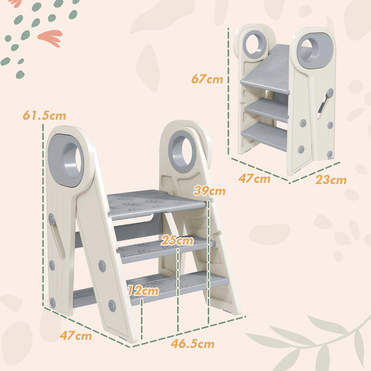 Foldable Kids Step Stool Converts 3 Step to 2 Step with Handle Non Slip HDPE 25kg for Ages 18-60 Months Grey