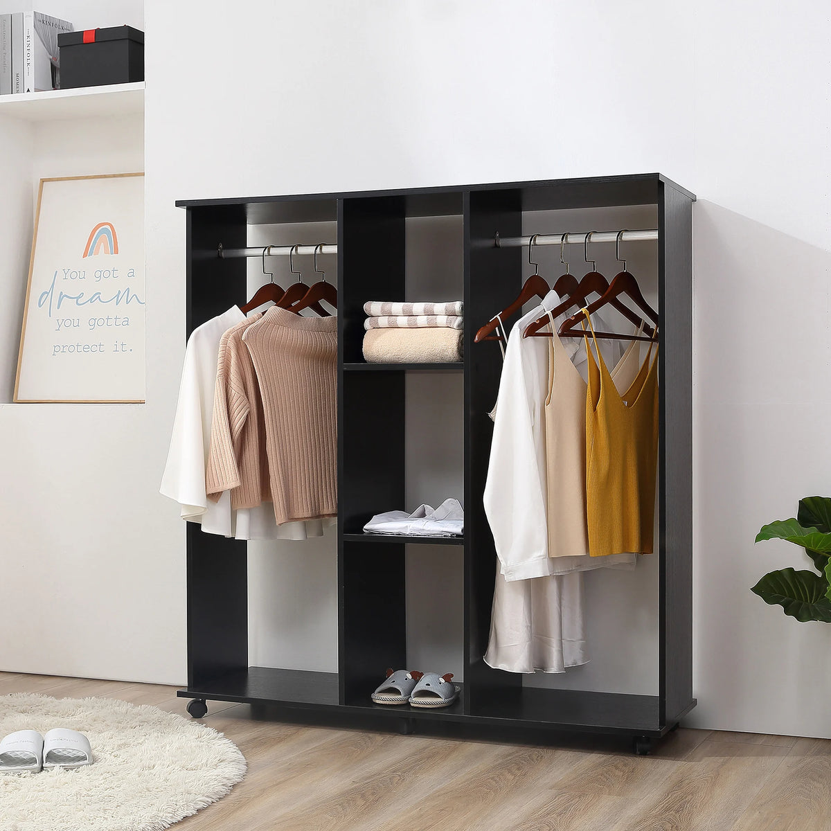 Mobile Open Wardrobe with Two Hanging Rails, Three Shelves and Wheels
