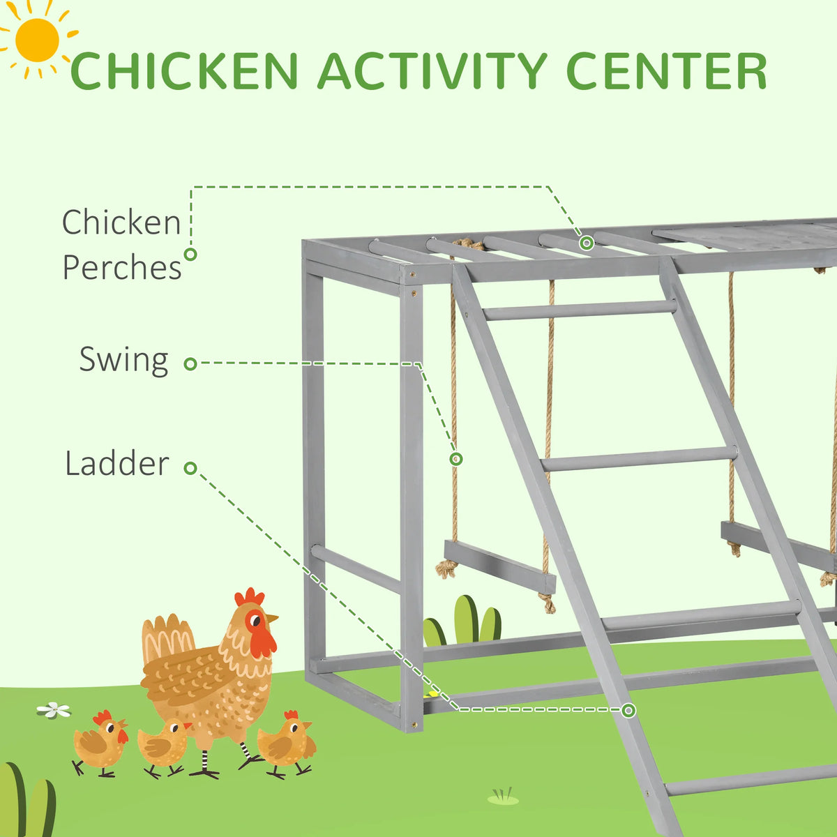 Chicken Activity Play Frame with 2 Swings Ladder and Perches Fir Wood Anti Tip for 3-4 Chickens Grey