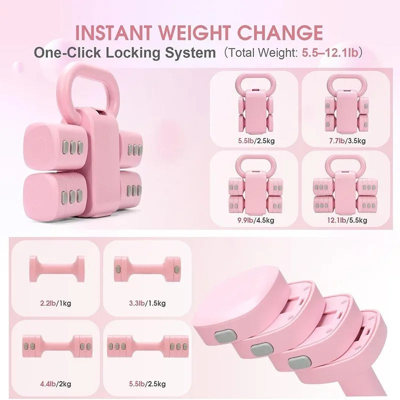 2 in 1 Adjustable Dumbbell and Kettlebell Set Convertible Home Gym Weights with Adjustable Loading