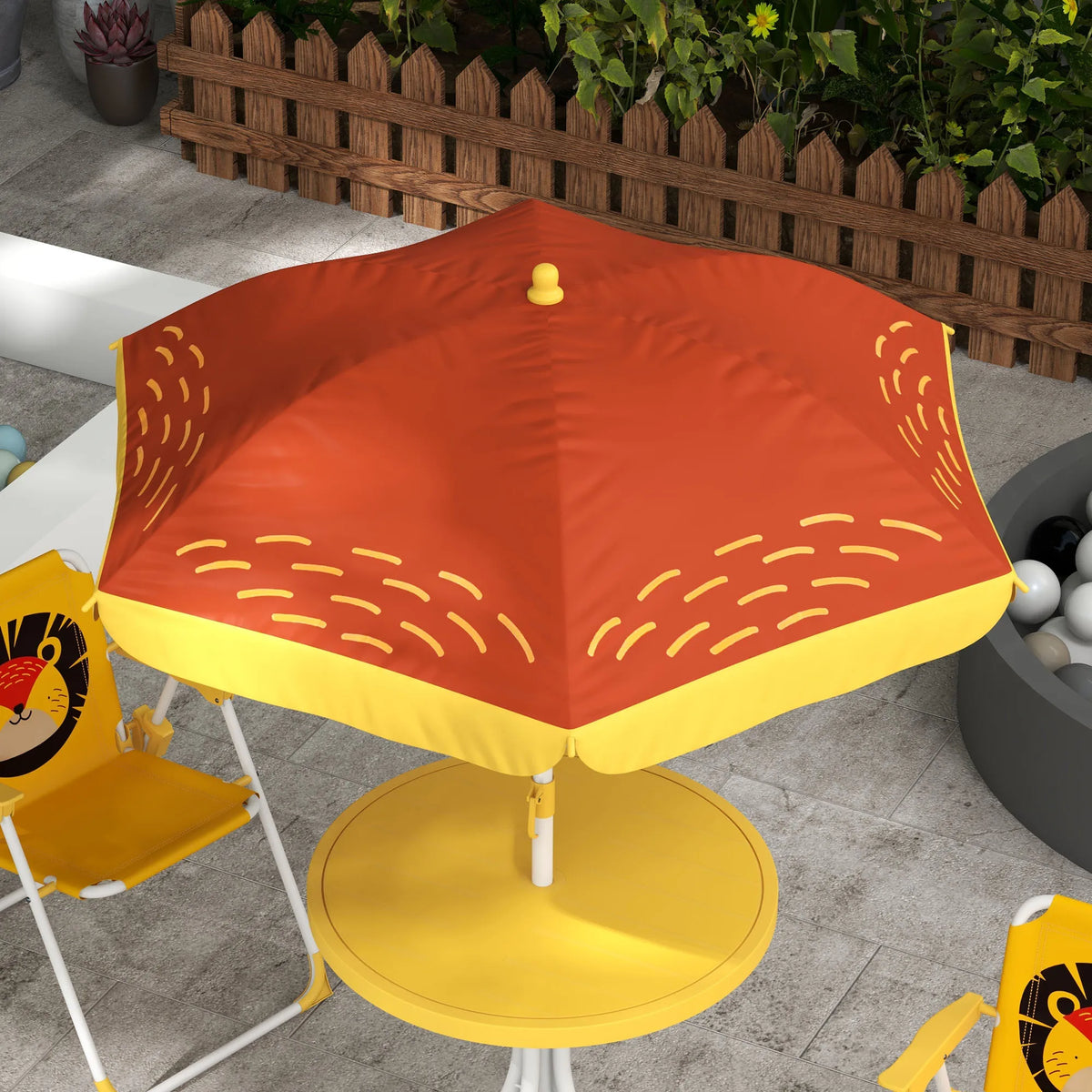 Kids Bistro Table and Chair Set Lion Theme with Adjustable Parasol 86-122cm Folding Chairs with Safety Locks