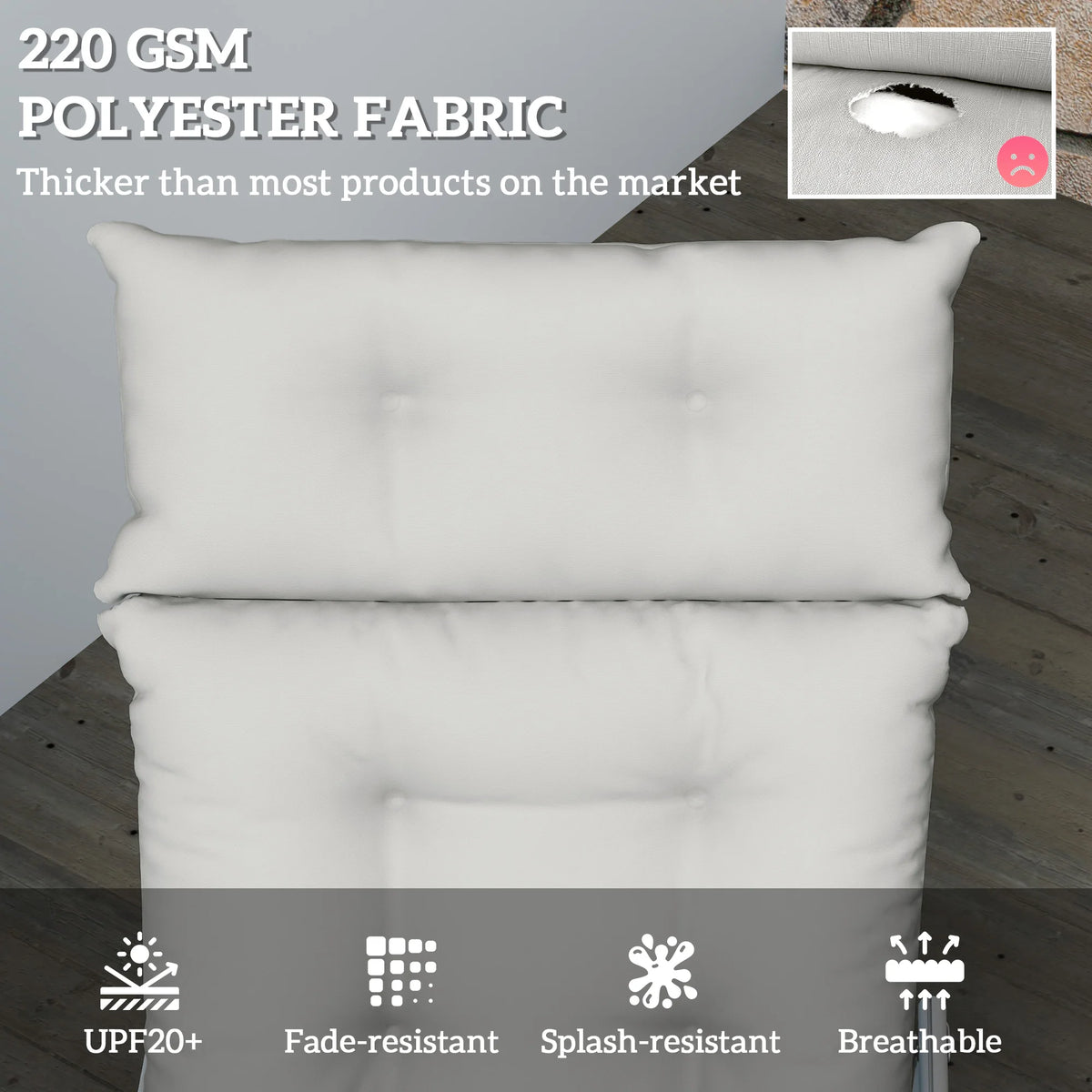 Sun Lounger Cushion Only, 190cm Garden Lounge Chair Pad, Light Grey