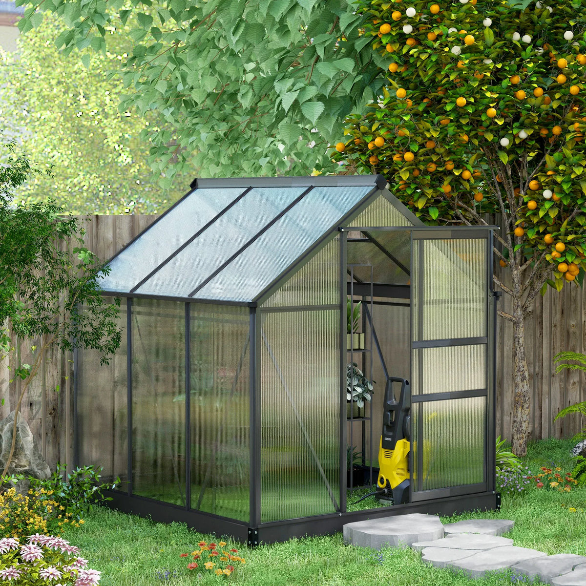 6 x 6ft Polycarbonate Greenhouse, Large Walk-In Green House with Slide Door and Window, Grey