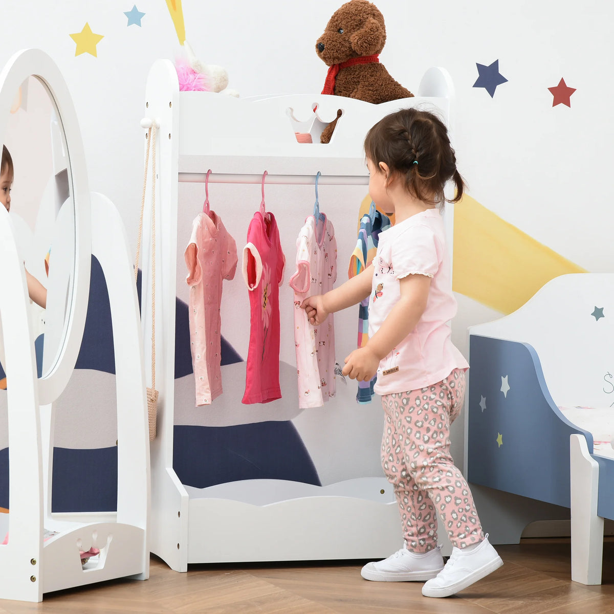 Kids Wooden Clothes Rack with Storage Shelves, Freestanding Hall Tree, White