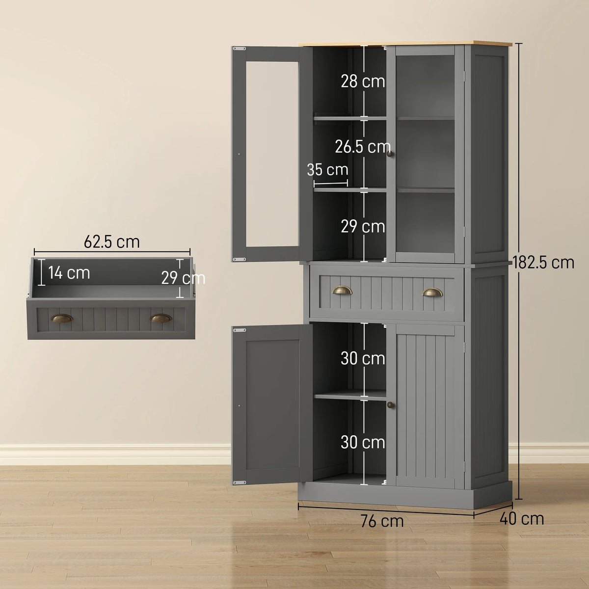 Farmhouse Kitchen Pantry Cupboard with Glass Doors, Drawer and Adjustable Shelves, Grey