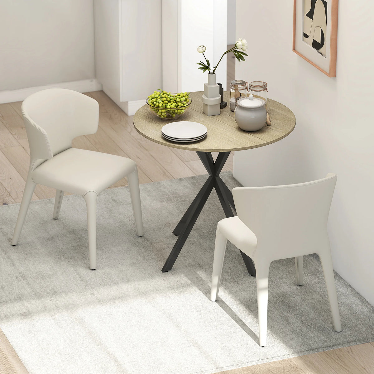 Round Dining Table 80cm Industrial Kitchen Table with Cross Steel Legs White Oak Effect Seats 2-4