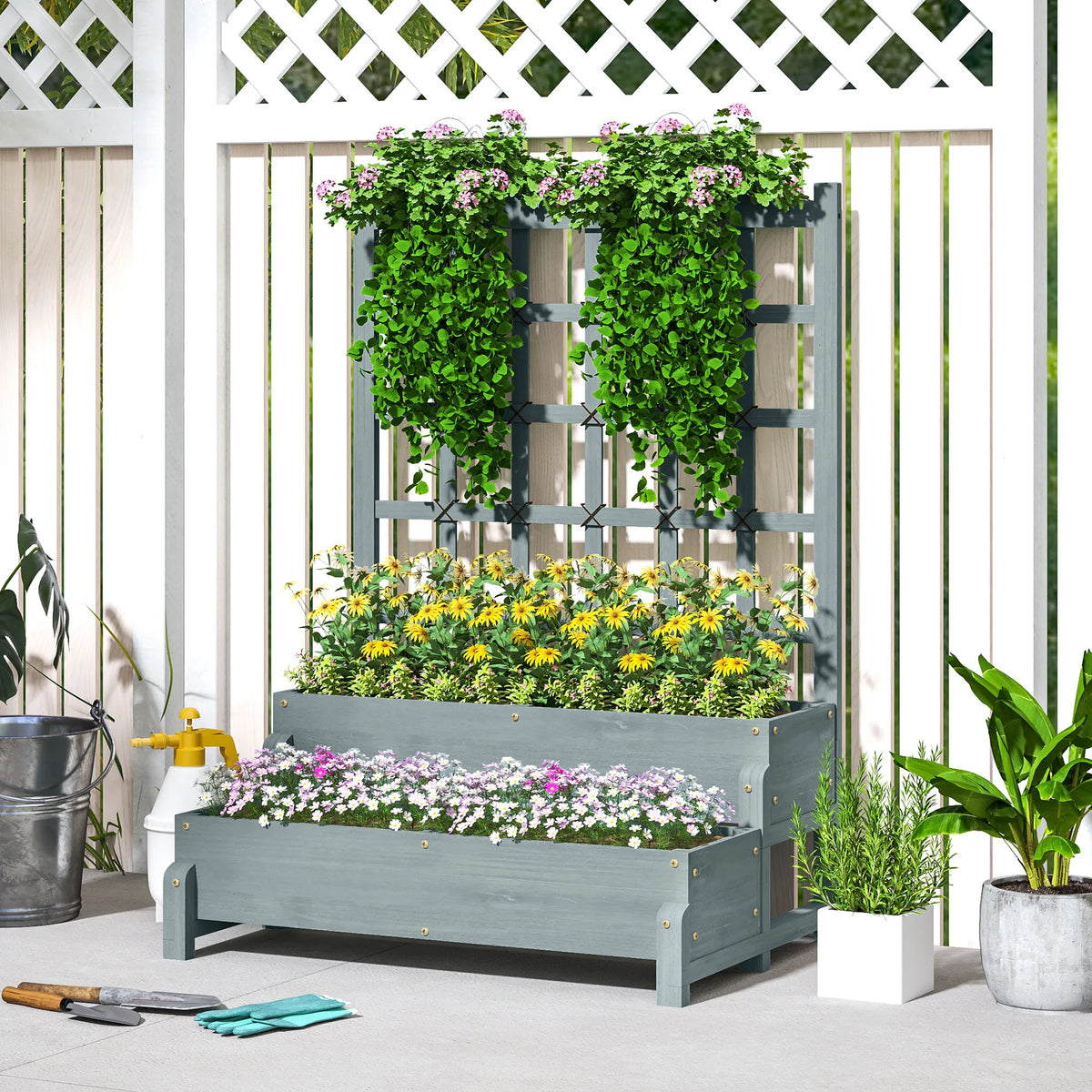 2-Tier Wooden Raised Flower Bed with Trellis and Drainage Holes, Grey
