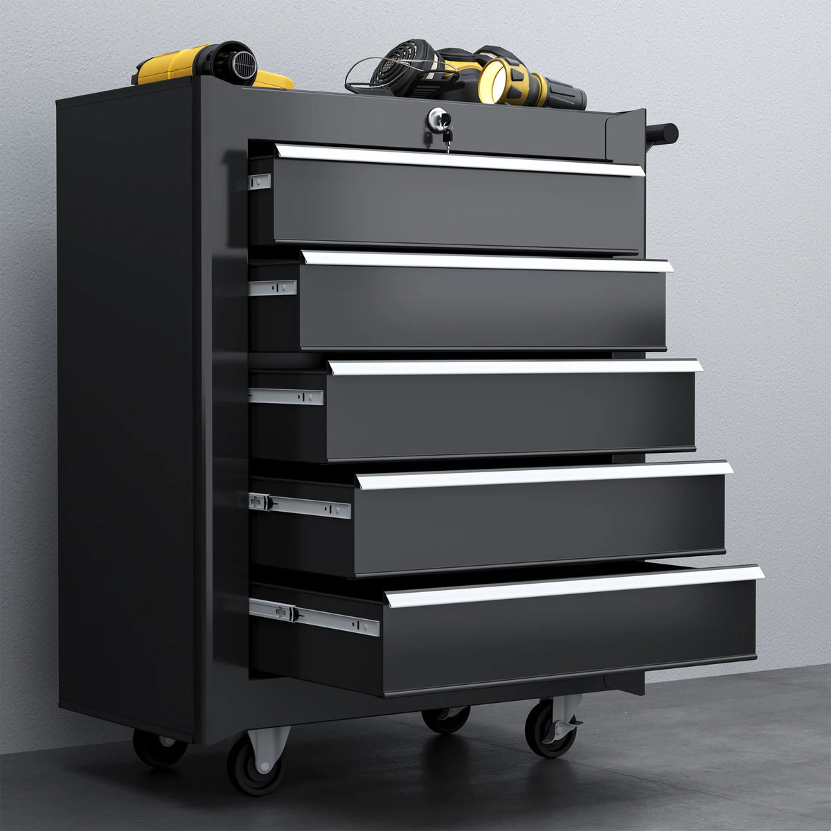 5-Drawer Lockable Tool Chest with Wheels, Steel Tool Storage Cabinet, Black