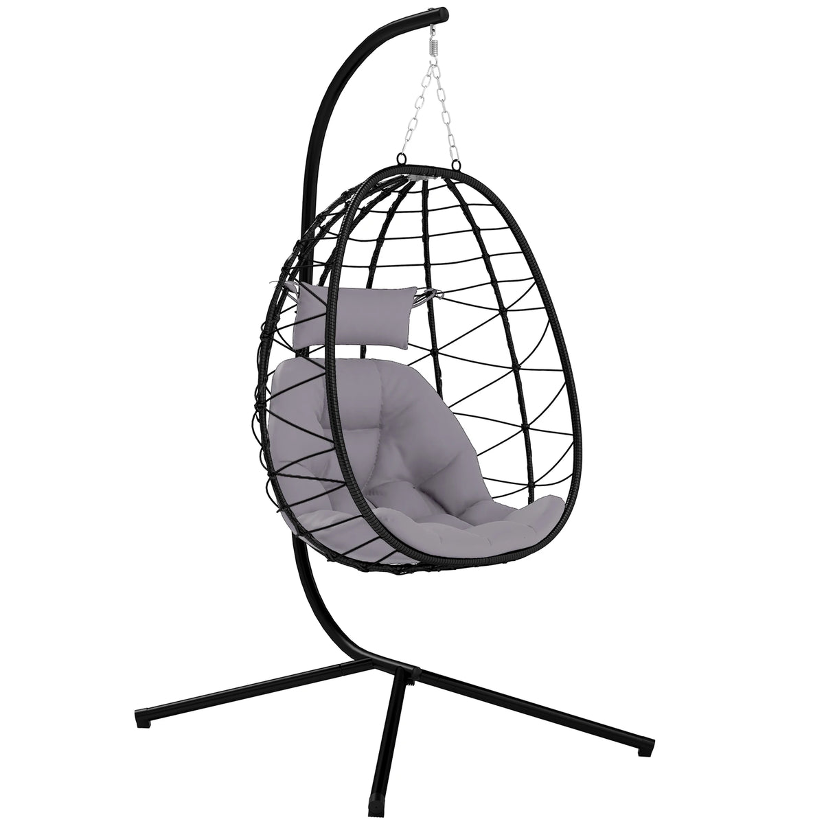 Folding Garden Egg Chair with Stand and Thick Cushion, Grey