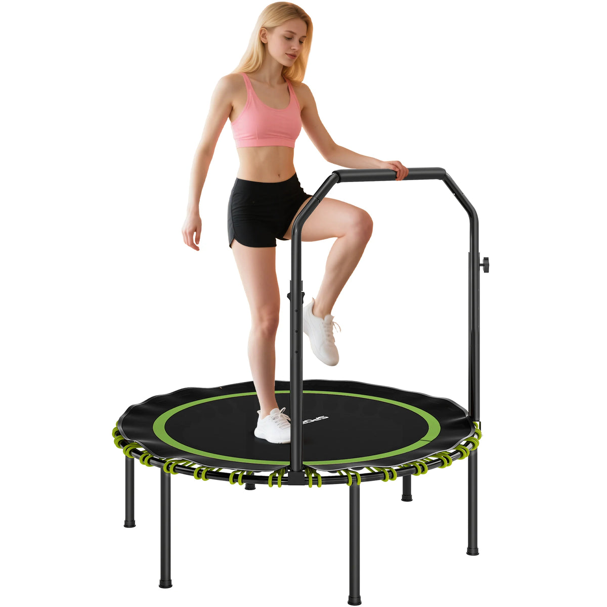 40'' Foldable Fitness Trampoline, Mini Trampoline Bungee Rebounder with 5-Level Adjustable Handle for Adults Indoor Outdoor