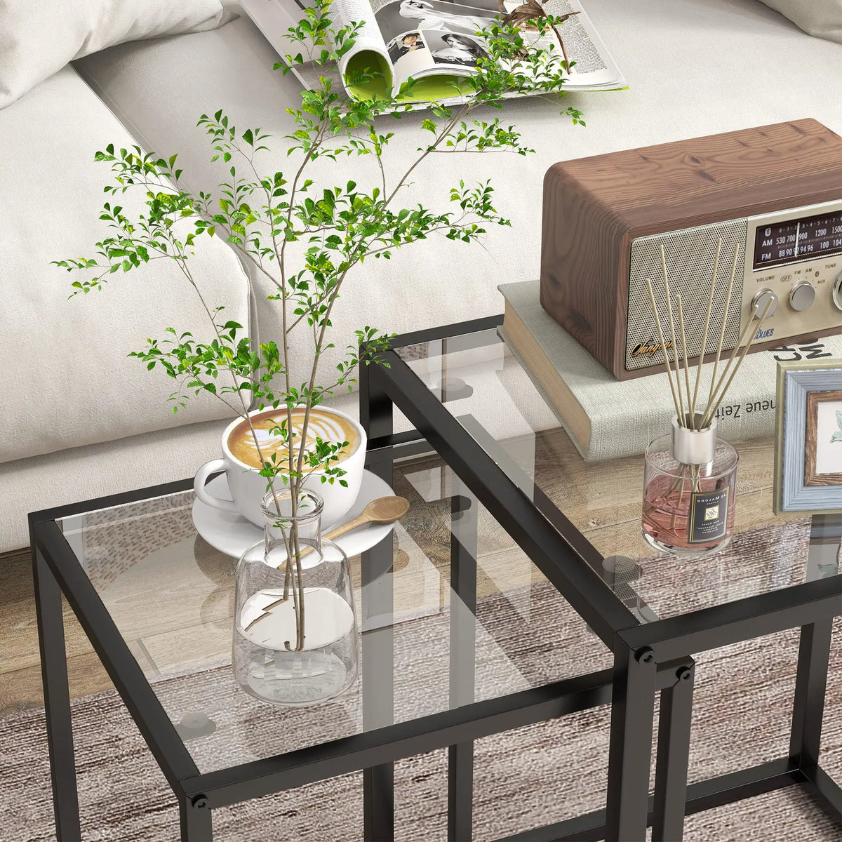 Nesting Tables Set of 2, End Table with Tempered Glass Top, Black