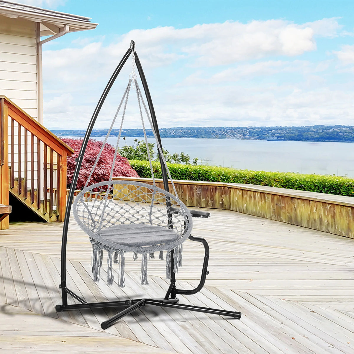 Hammock Chair Stand C Shaped Heavy Duty Powder Coated Metal with X Base and Side Table Indoor Outdoor