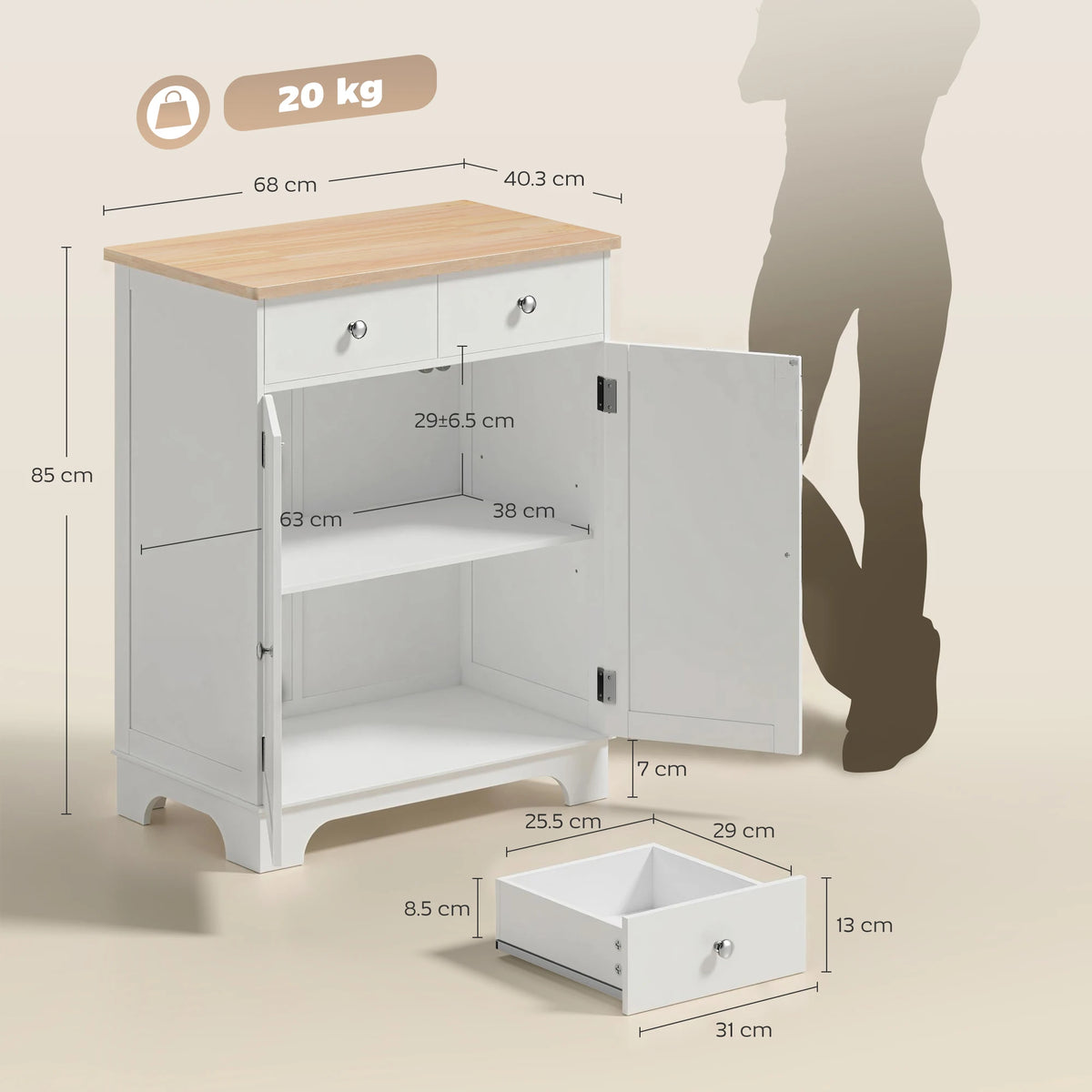 Kitchen Storage Cabinet with Rubberwood Top, 2 Drawers and Adjustable Shelf, White
