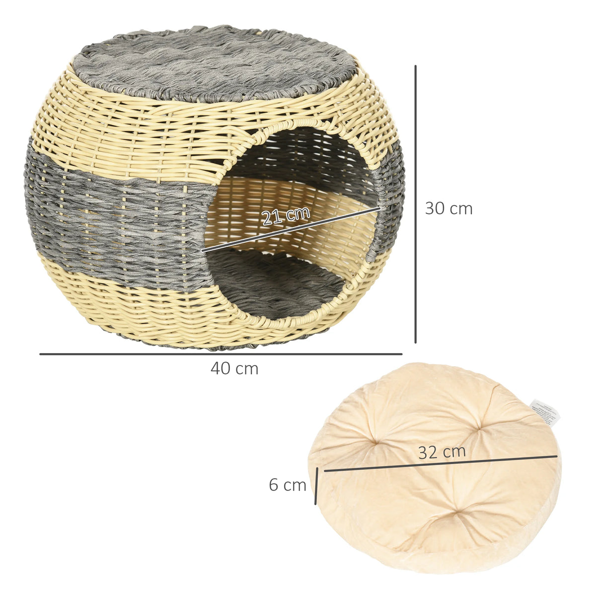 Wicker Cat House 40x30cm Raised 2 Layer Rattan Cat Bed with Washable Velvet Cushion Beige and Grey