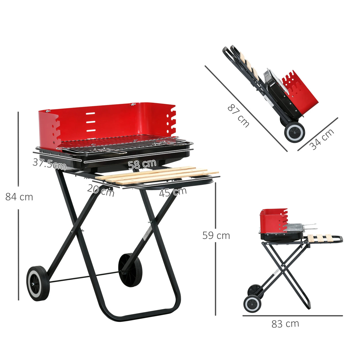 Foldable Charcoal Trolley Barbecue BBQ Grill Cooker Smoker with Wheels