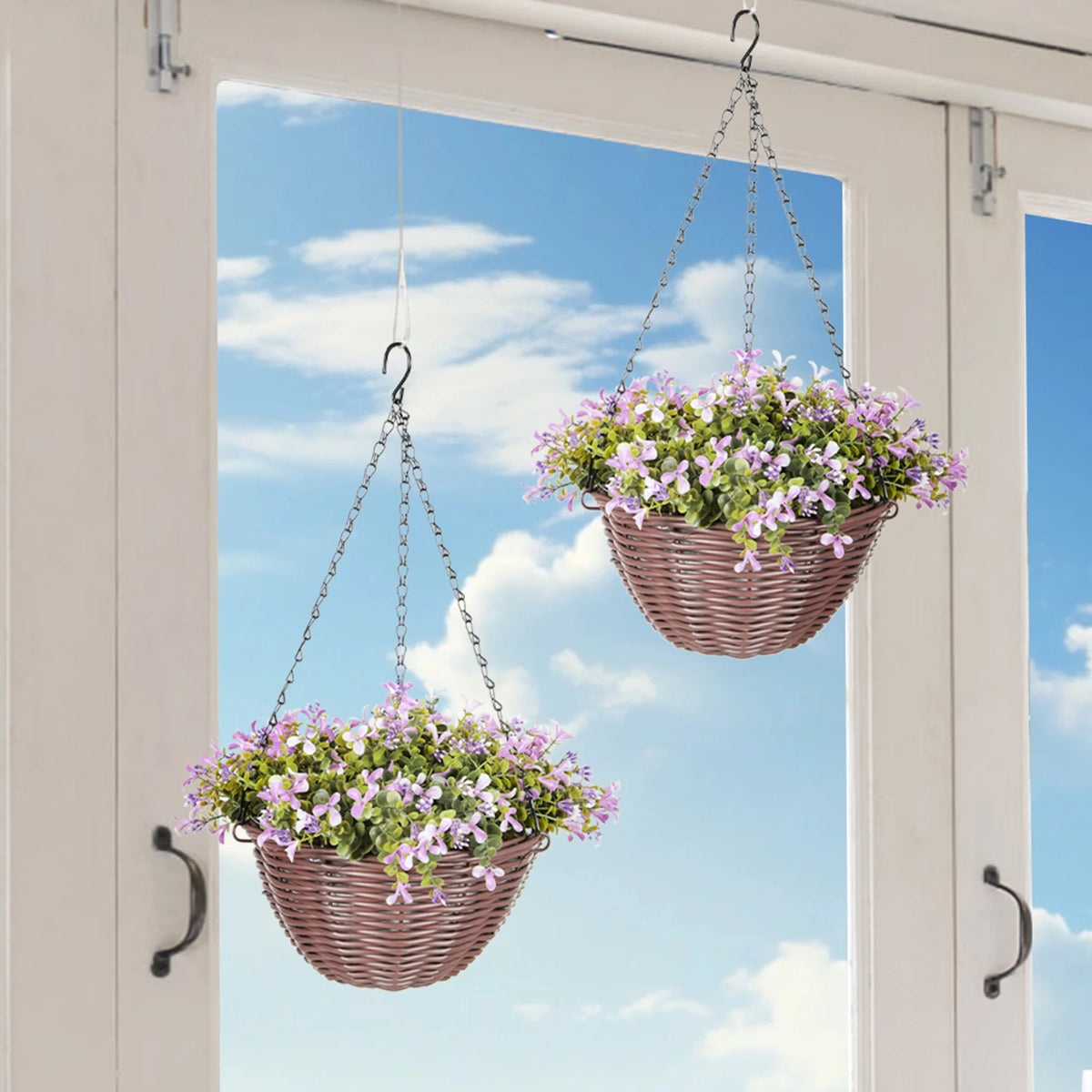 Set of 2 Artificial Flowers in Hanging Baskets with 75 Leaves and 150 PE Flowers Cement Soil Purple