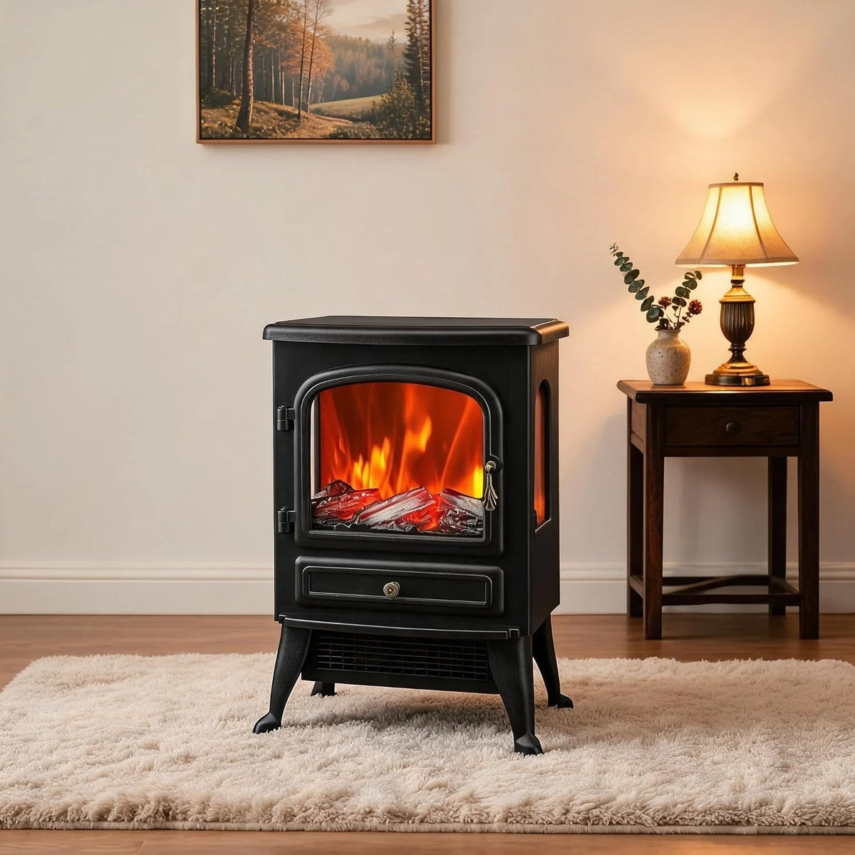 Freestanding Electric Fireplace Stove with Flame Effect, Thermostat and Overheat Protection
