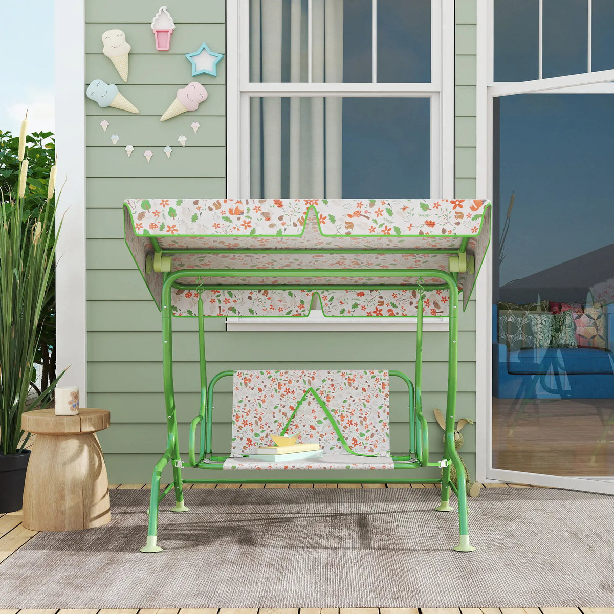 2 Seater Kids Garden Swing Chair with Adjustable Canopy Non Skid Feet Fox Pattern Steel Frame Green