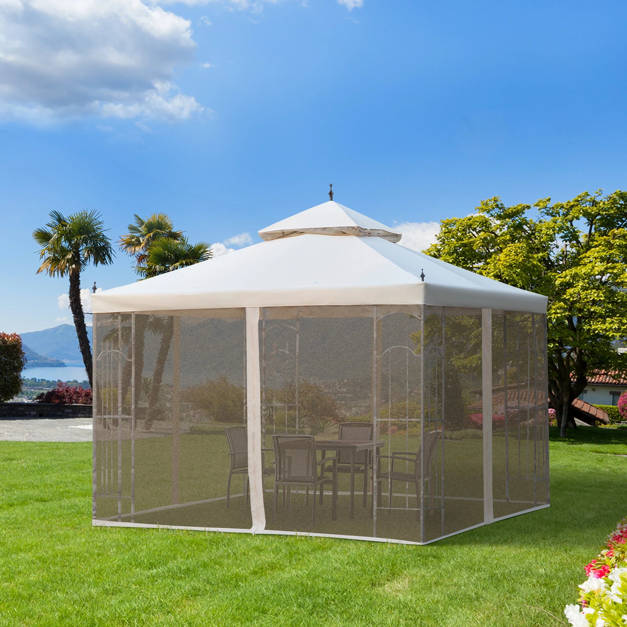 3x3m Garden Gazebo with Double Tier Roof, Mosquito Netting, UV-Resistant Canopy and Steel Frame