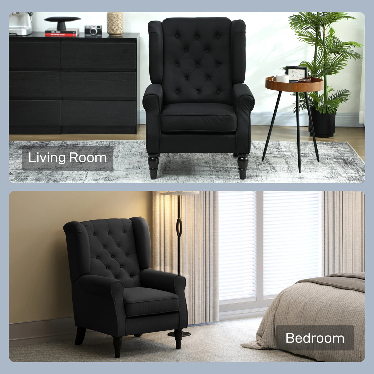 Retro Tufted Wingback Armchair with Wooden Legs, Black