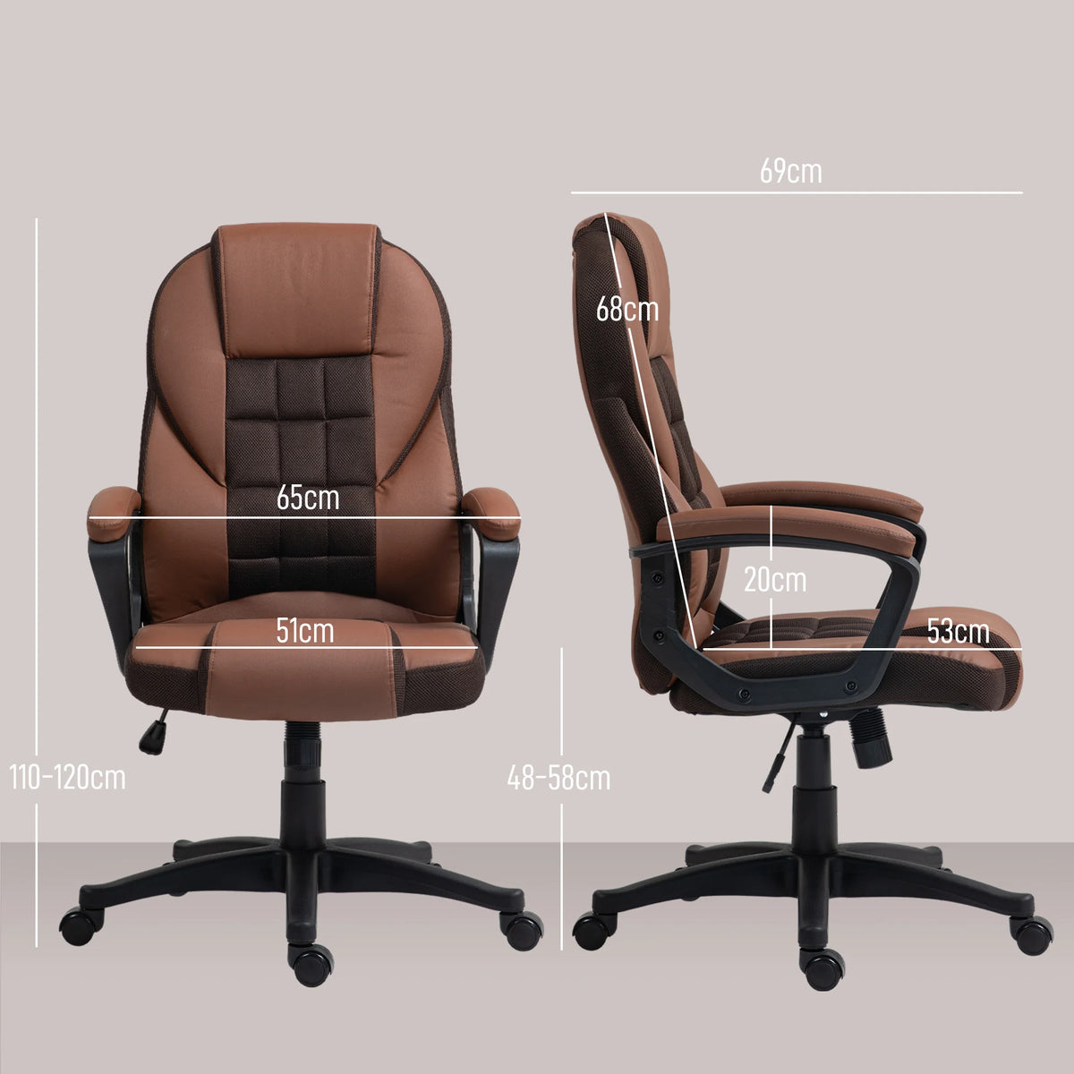 Executive Office Chair High Back with Mesh Back Panel Tilt Function 48-58cm Height 120kg PU Castors Brown