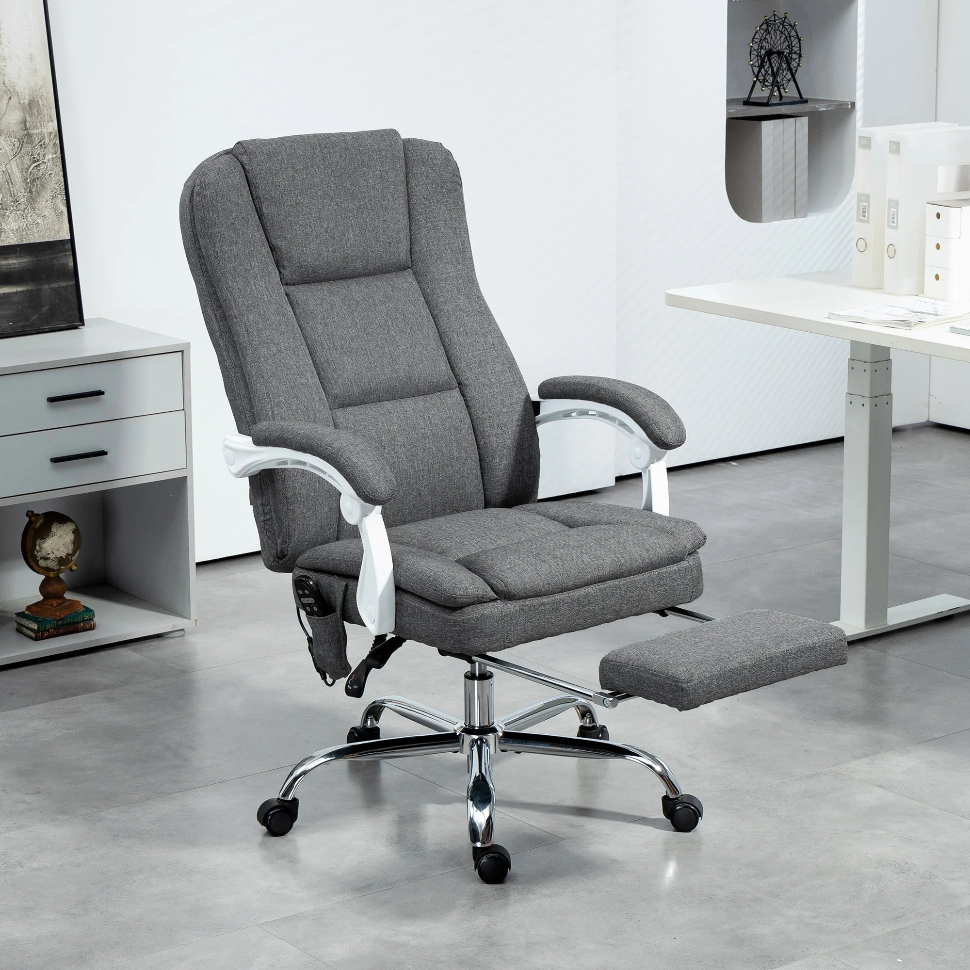 Grey Massage Office Chair with Heat and Reclining Footrest | 6-Point Vibration Desk Chair with 8 Massage Modes