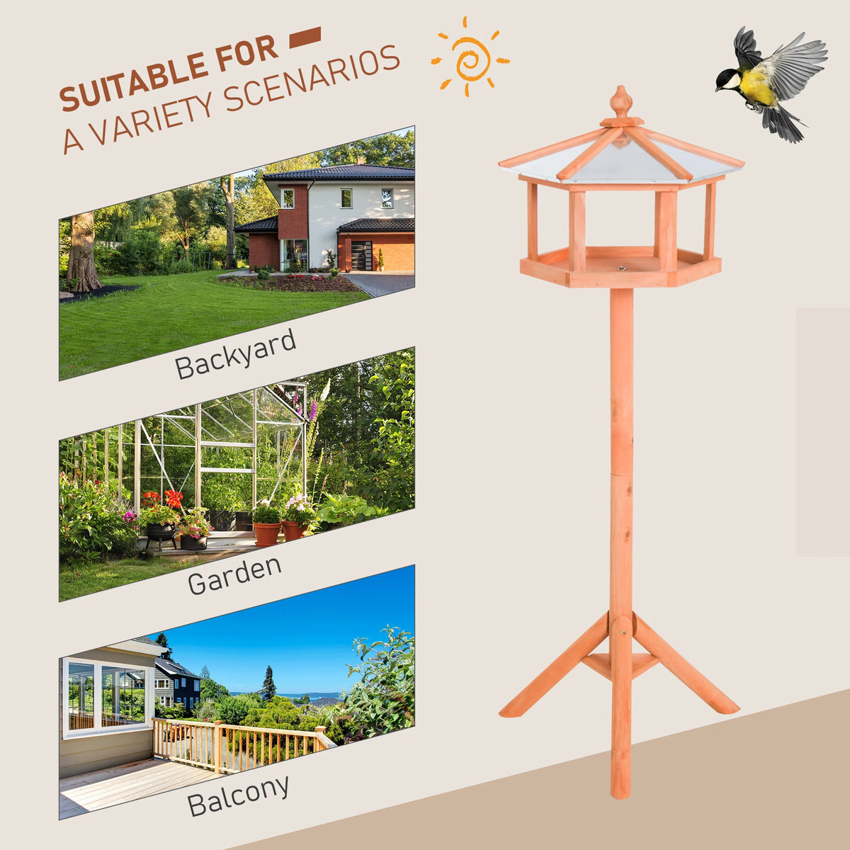 Wooden Bird Table Free Standing Feeder 40x113cm Fir Wood with Metal Roof and Tripod Base Natural