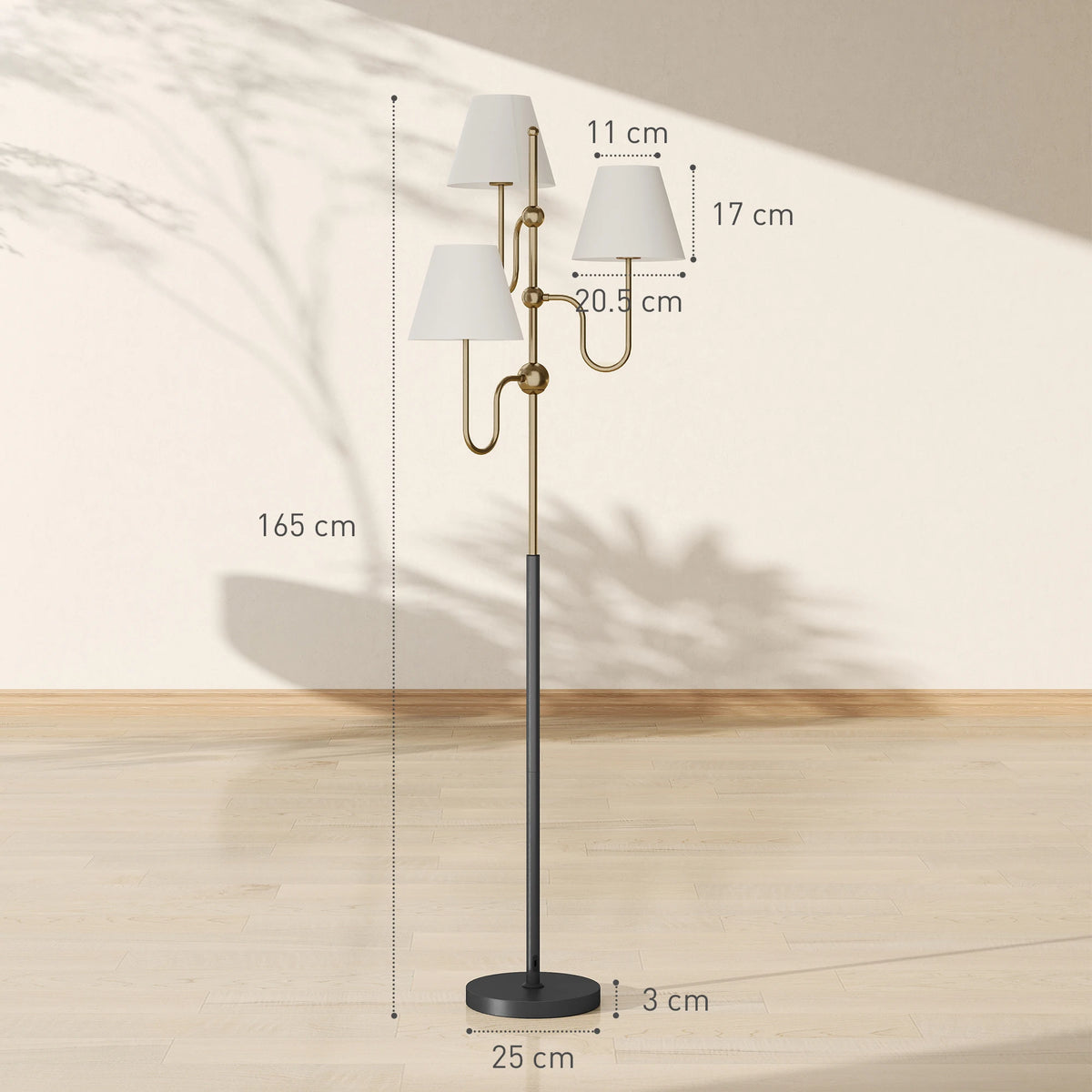 3-Light Floor Lamp with Linen Shades and Foot Switch, 165cm Tall