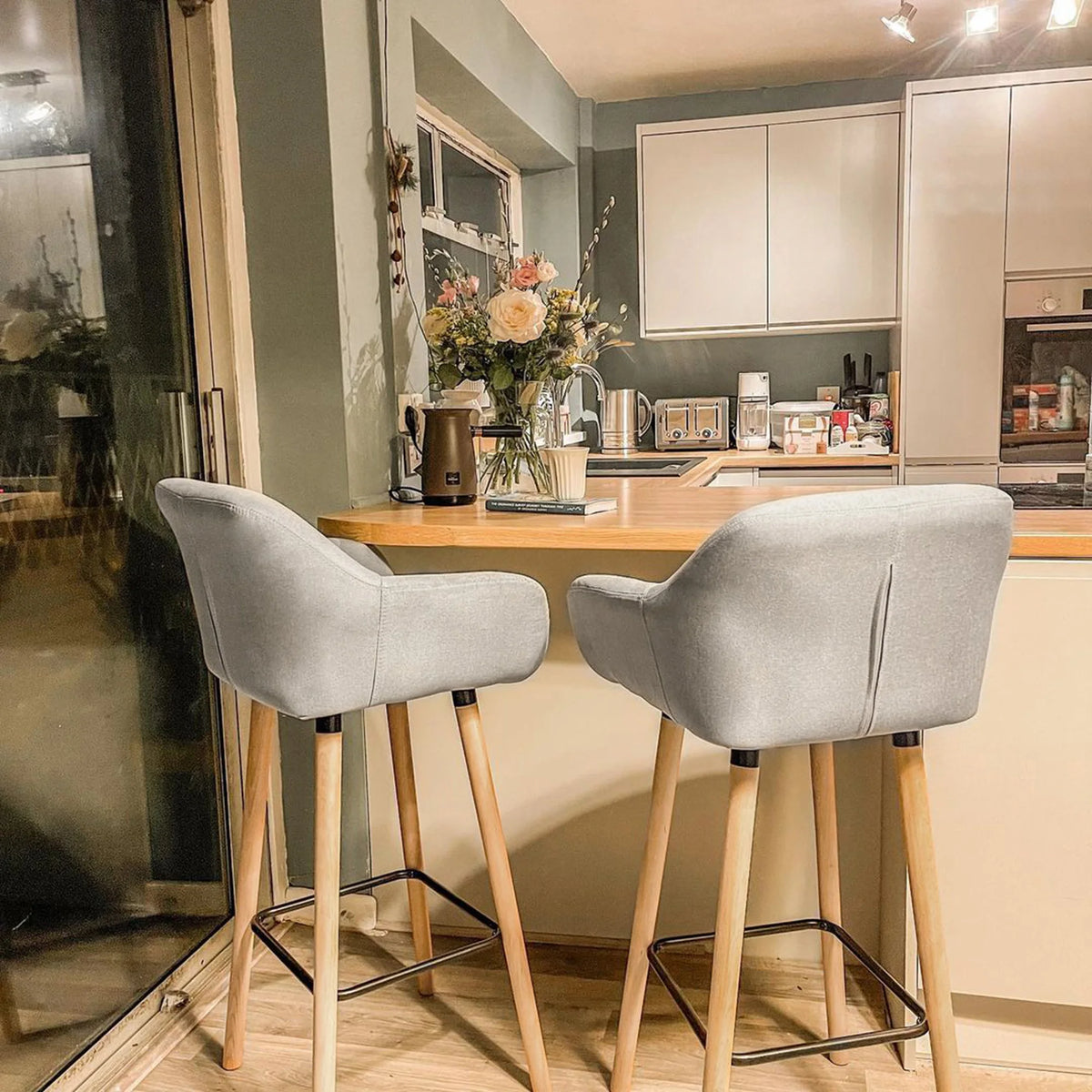 2 PCs Upholstered Bucket Seat Bar Stools w/ Solid Wood Legs Beige