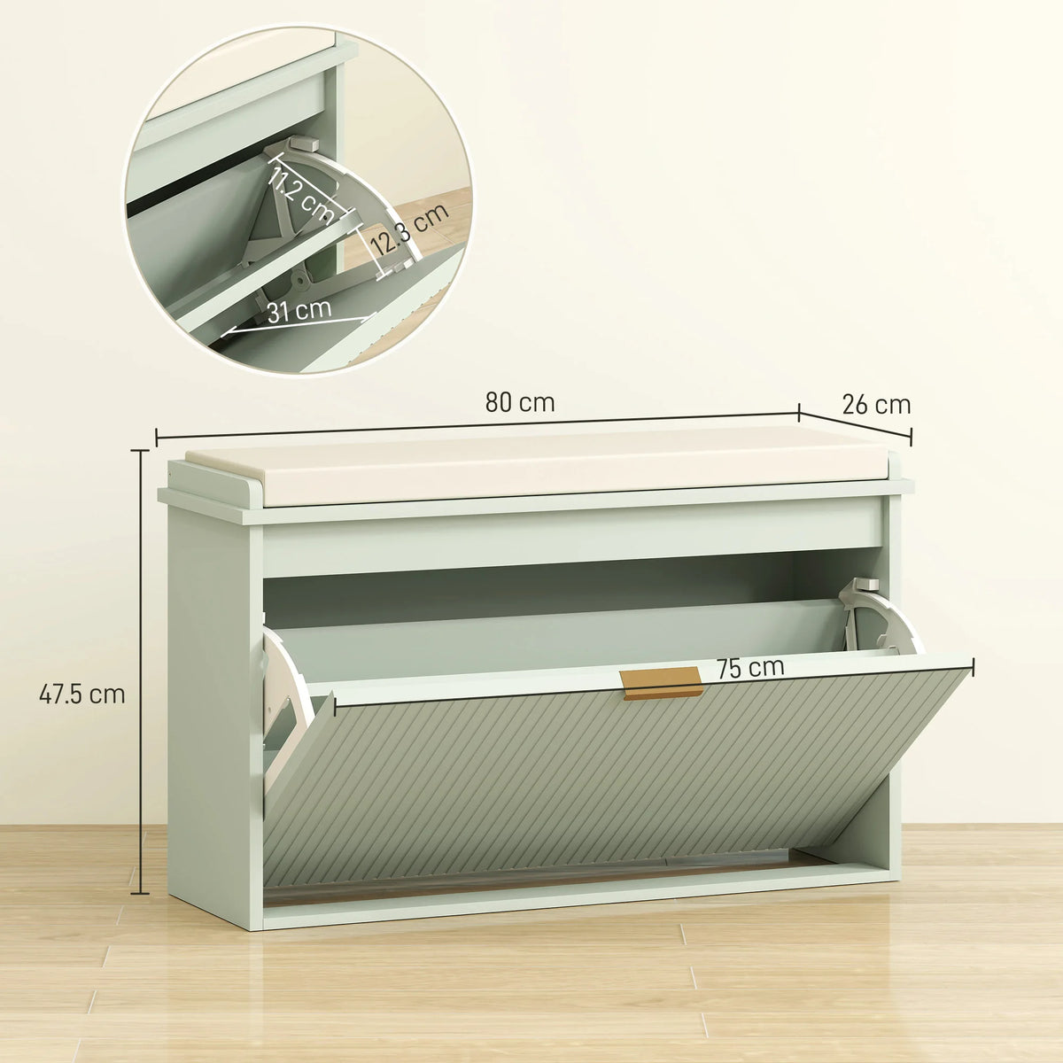 Shoe Storage Bench with Cushioned Seat and Flip Drawer, 80 x 26 x 47.5 cm, Green