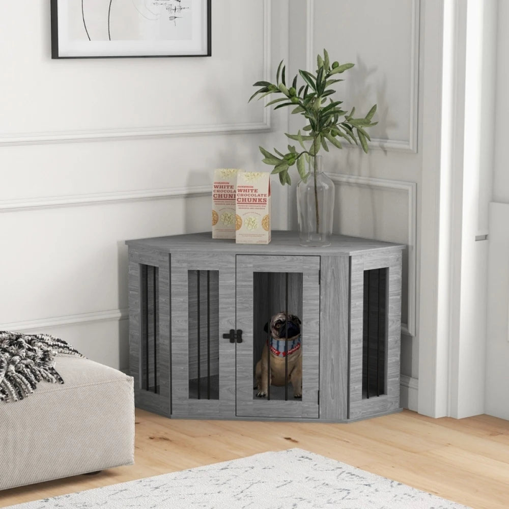 2 in 1 Dog Crate Furniture Side Table 104x55x63cm with Cushion Grey for Medium Dogs
