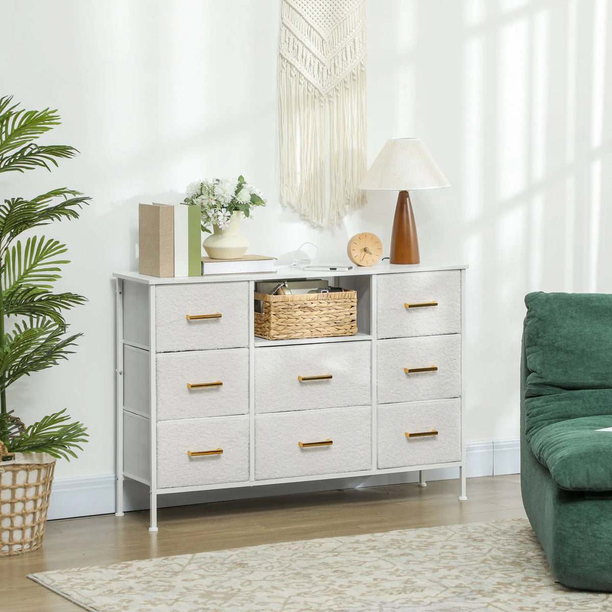 Boucle Chest of Drawers 8 Drawers with 2 Power Outlets USB and USB C Ports 1.5m Cord Gold Handles