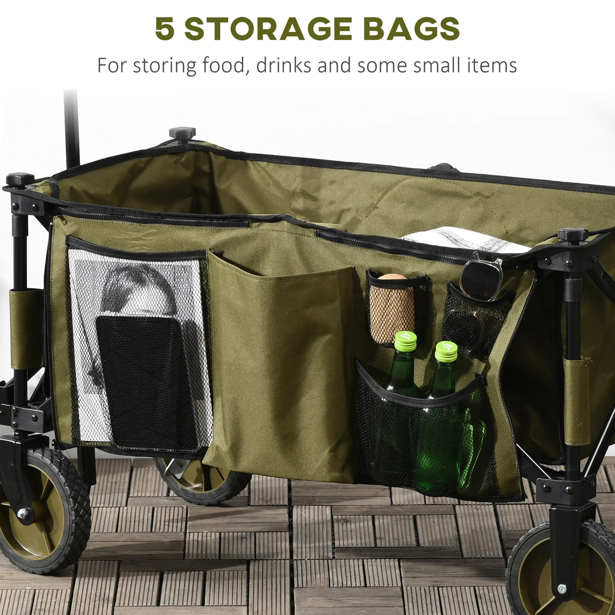 Folding Garden Trolley with Brakes and Cover, Collapsible Camping Wagon, 125L Capacity